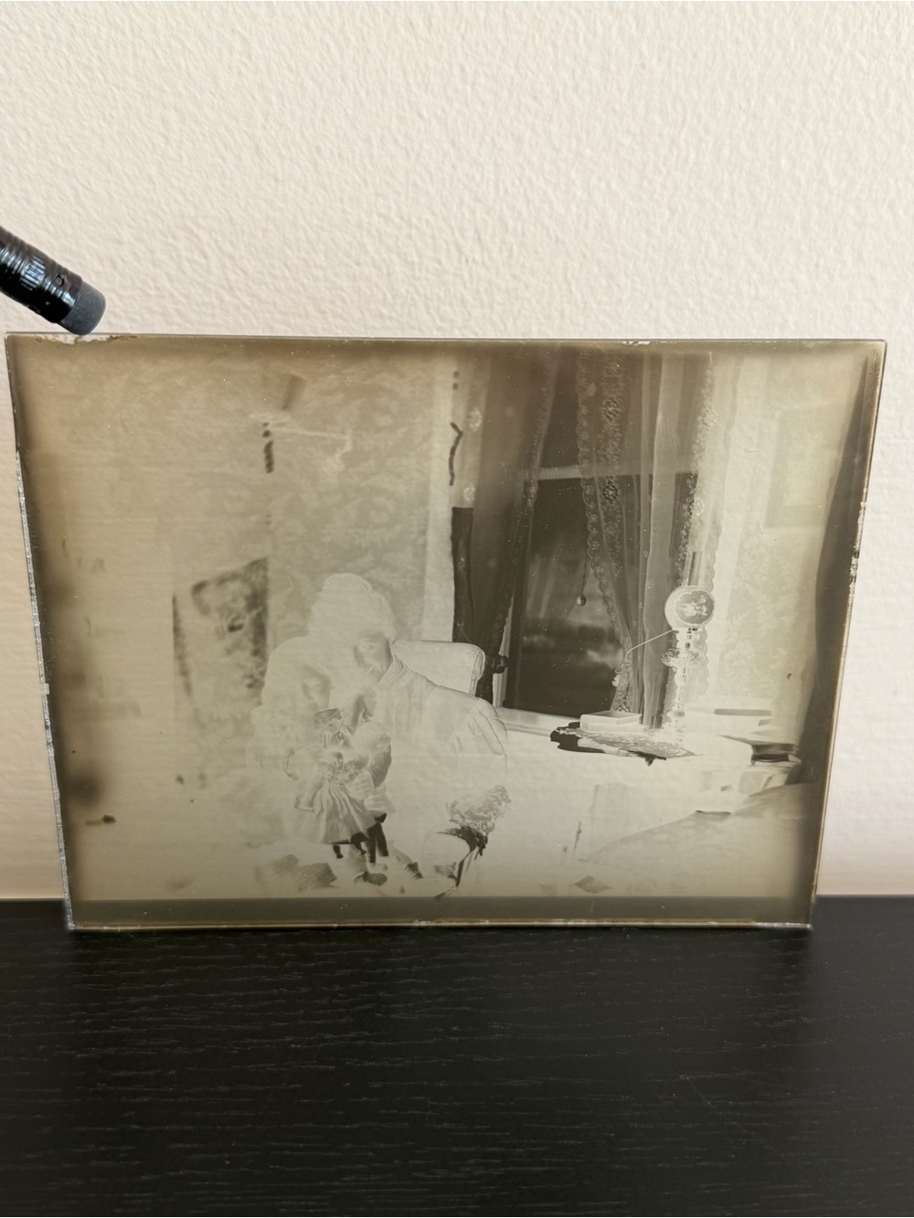 Antique Glass Plate Negative Woman Girl Doll Sitting In Chair 1800s/1900s